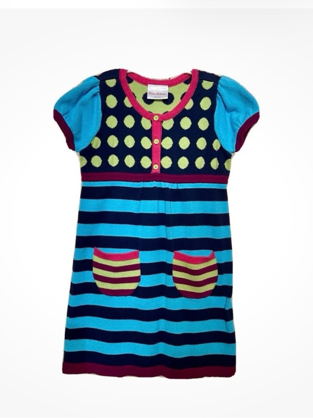Hanna Andersson Navy, Aqua & Lime Knit Dress with Magenta Trim